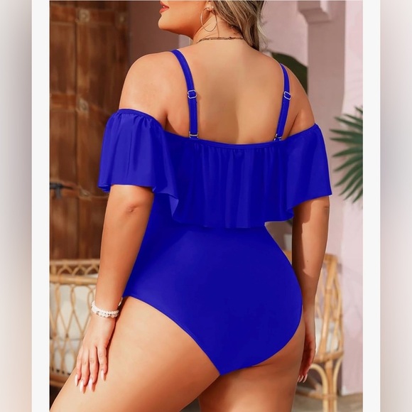 Women Blue Plus Size One Piece Swimsuit Tummy Control Ruffle Off Shoulder 24W - Picture 2 of 5